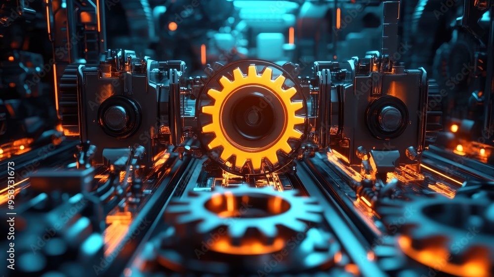 Glowing neon gears in a high-capacity system, with a dynamic futuristic backdrop, symbolizing mechanical excellence Glowing neon gears in a high-capacity system, with a dynamic futuristic backdrop, symbolizing mechanical excellence