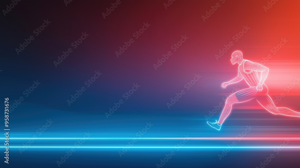 long exposure image of Track and Field,Track and Field player, glowing neon accents, foggy long exposure image of Track and Field,Track and Field player, glowing neon accents, foggy
