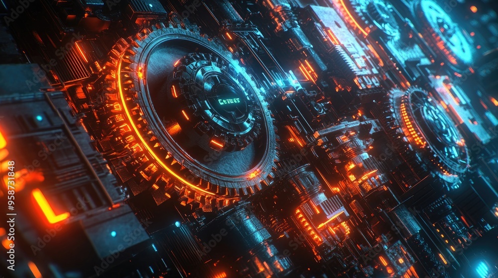 High-capacity gears glowing with neon lights, turning in sync against a dynamic futuristic background, creating an awesome visual effect High-capacity gears glowing with neon lights, turning in sync against a dynamic futuristic background, creating an awesome visual effect