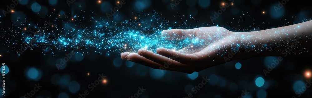 A hand displays luminous digital icons representing advanced artificial intelligence concepts