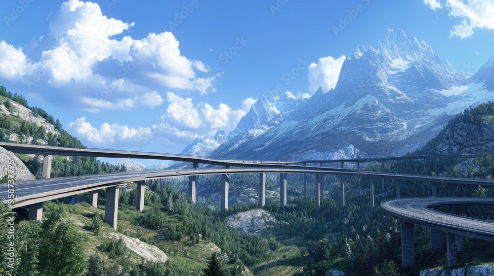 Multi-level bridges winding through a realistic mountainous landscape, showcasing the beauty of modern infrastructure Multi-level bridges winding through a realistic mountainous landscape, showcasing the beauty of modern infrastructure