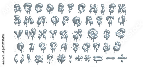 3D melting chrome font set, liquid metal y2k alphabet, futuristic silver melted effect ABC, mercury metal letters. Bubble reflective typeface with groovy shapes. Glossy chrome font. Raster