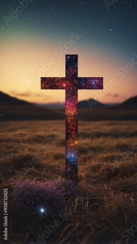 A cross is standing in the middle of a field of stars. photo