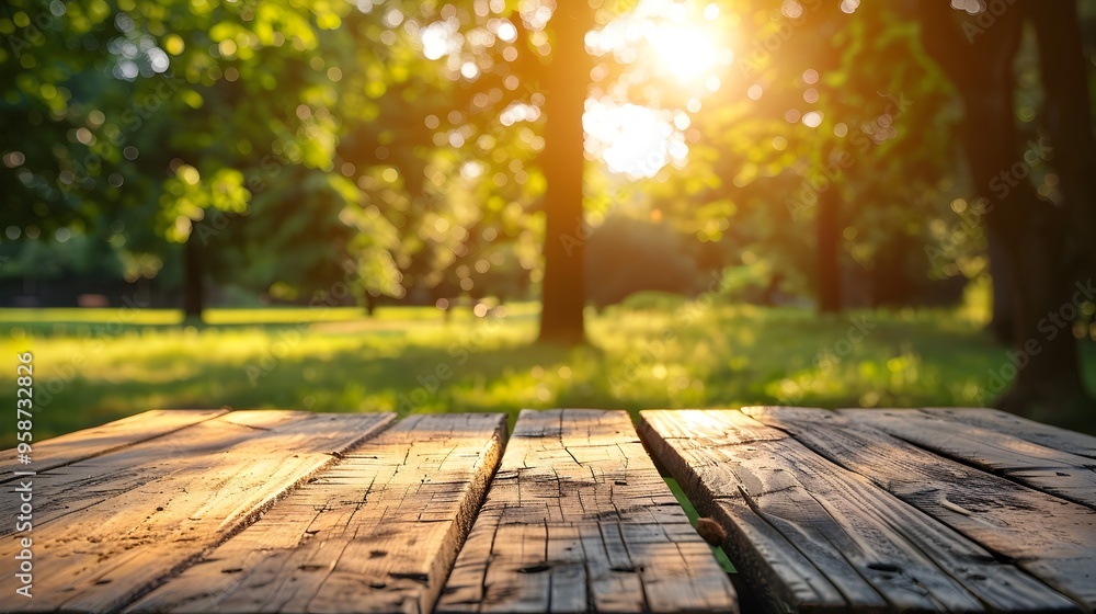 Simple Wooden Picnic Table in Sunny Outdoor Setting Ideal for Food and Beverage Displays with Empty Copy Space Simple Wooden Picnic Table in Sunny Outdoor Setting Ideal for Food and Beverage Displays with Empty Copy Space