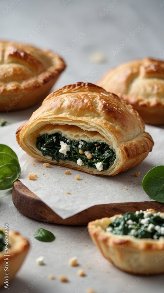 Golden brown pastry pockets filled with creamy feta and vibrant spinach, arranged on a clean white surface. Golden brown pastry pockets filled with creamy feta and vibrant spinach, arranged on a clean white surface.