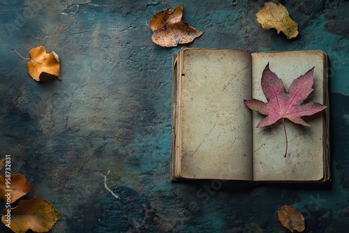 Open Book with Autumn Leaves on a Blue Background photo