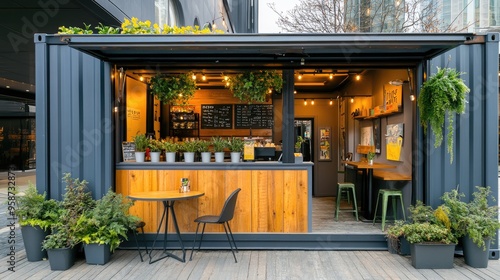 Wallpaper Mural A shipping container repurposed as a small pop-up shop or cafe, with plants and outdoor seating. Torontodigital.ca