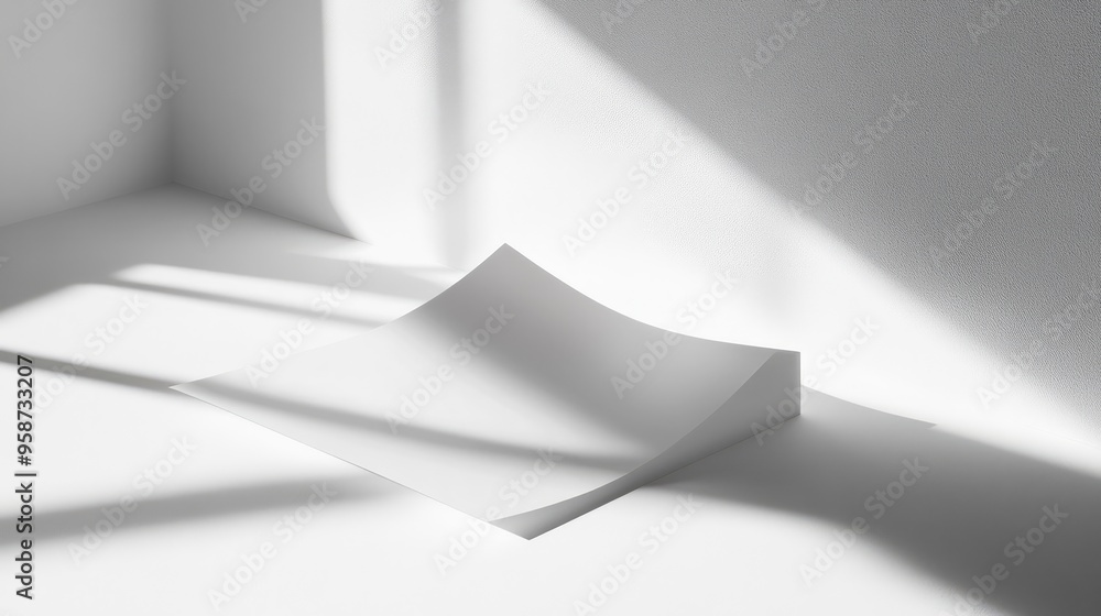 A single sheet of paper with a minimalist design, set on a clean white background with soft shadows for contrast. A single sheet of paper with a minimalist design, set on a clean white background with soft shadows for contrast.