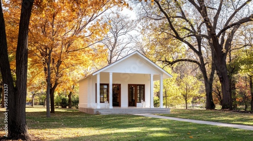 On a beautiful sunny day, a small white pavilion stands amid vibrant autumn trees, inviting visitors along a cobblestone path through the colorful landscape