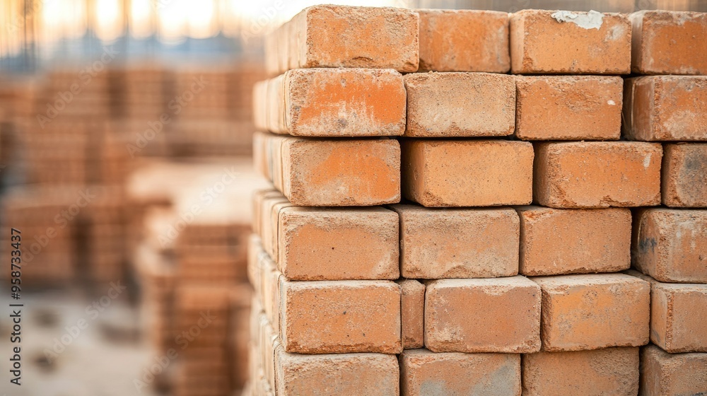 Fototapeta premium A stack of bricks neatly arranged at a construction site, representing building, architecture, and development