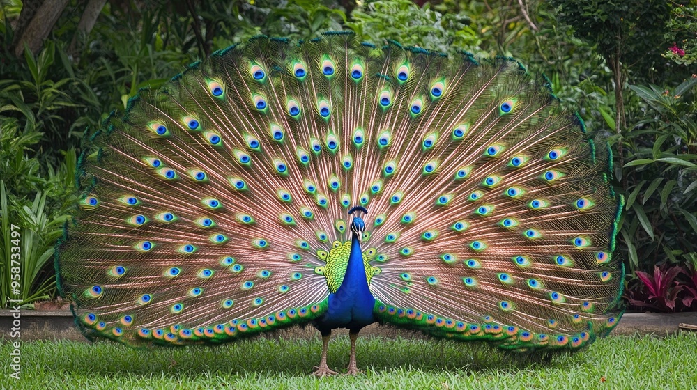 Obraz premium Stunning peacock with fanned-out feathers, posed gracefully against a realistic background of a tranquil garden