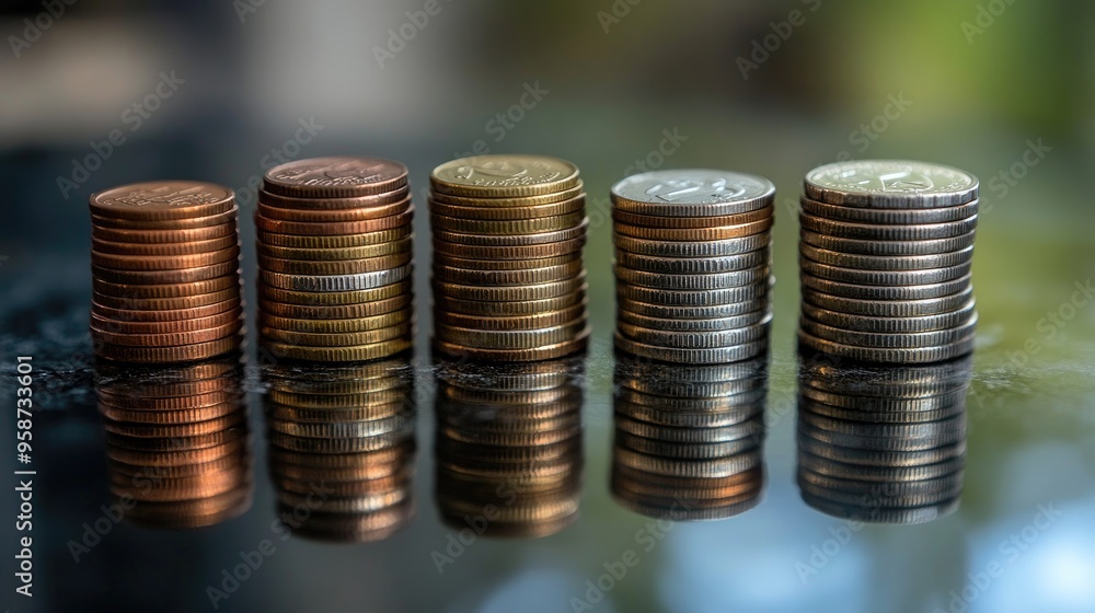 A stack of coins arranged neatly on a reflective surface, conveying financial growth, savings, or investment concepts A stack of coins arranged neatly on a reflective surface, conveying financial growth, savings, or investment concepts