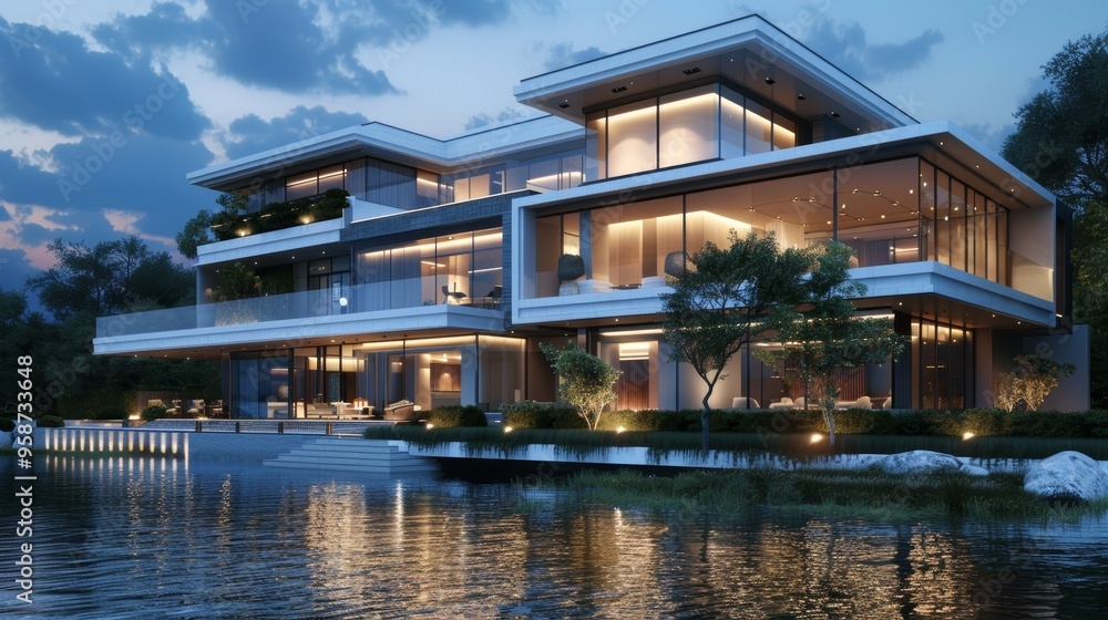3d rendering of modern house by the river at morning, house, luxury, villa, modern, architecture, building, exterior, residential, property, designer
