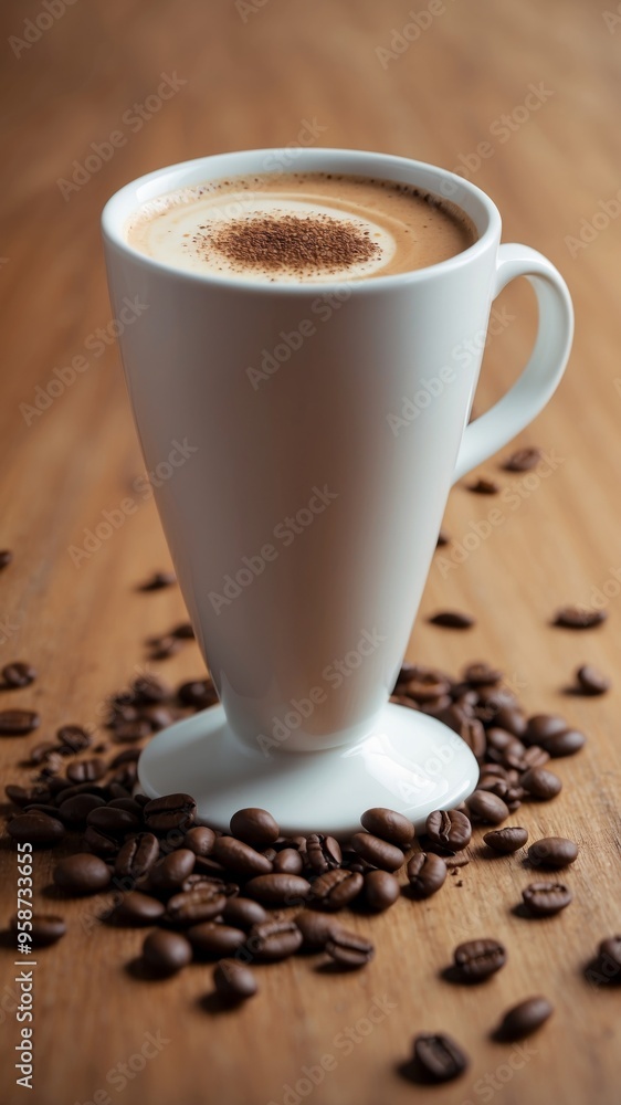 Milk in a cup of coffee and beans on wooden background. Milk in a cup of coffee and beans on wooden background.