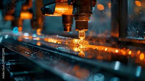 A high-tech industrial scene showing precision glass manufacturing with bright sparks and glowing glass under production. Ideal for technology, engineering, or manufacturing-related content.