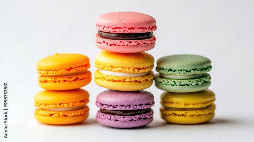 A stack of colorful macarons arranged on a white background, ideal for a bakery or confectionery theme.0ae A stack of colorful macarons arranged on a white background, ideal for a bakery or confectionery theme.0ae