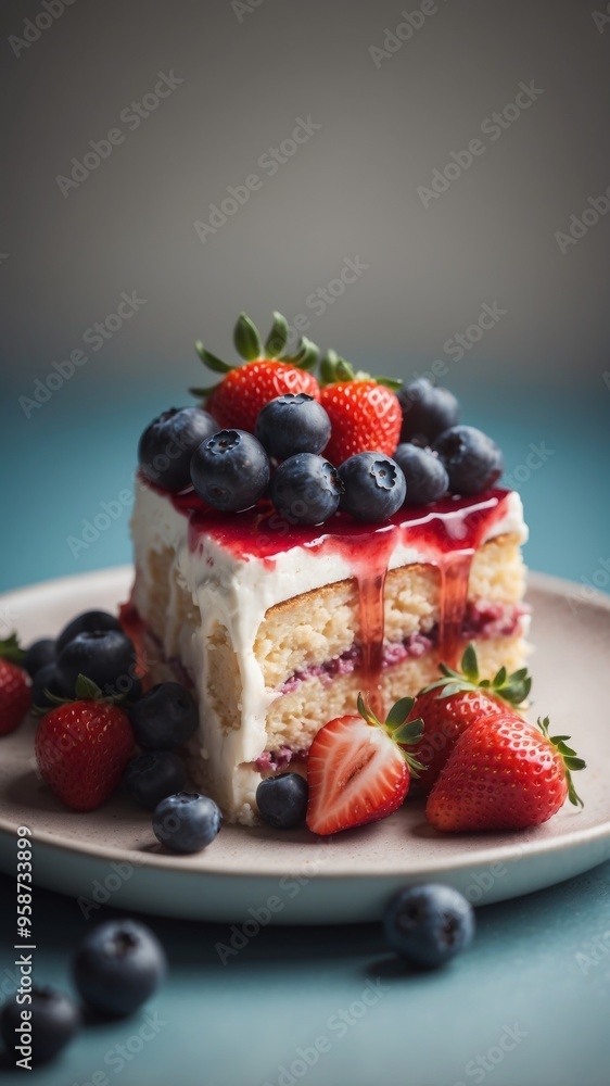 A slice of cake with blueberries and strawberries on top.