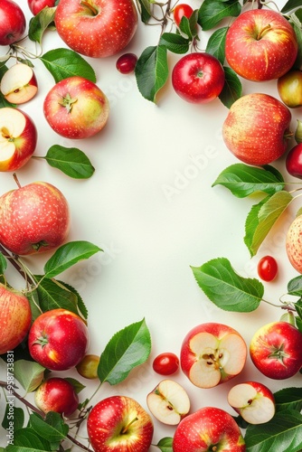 Background template with copy space and border of apple, leaf, plant