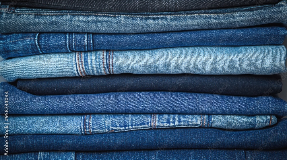 A stack of folded denim jeans in various shades of blue, perfect for fashion retail or clothing store concepts. A stack of folded denim jeans in various shades of blue, perfect for fashion retail or clothing store concepts.