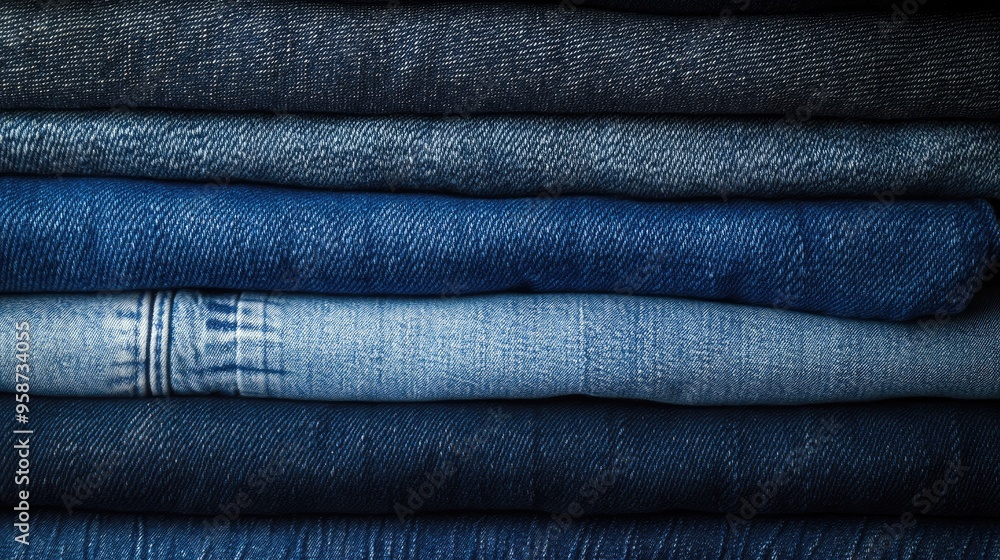A stack of folded denim jeans in various shades of blue, perfect for fashion retail or clothing store concepts. A stack of folded denim jeans in various shades of blue, perfect for fashion retail or clothing store concepts.
