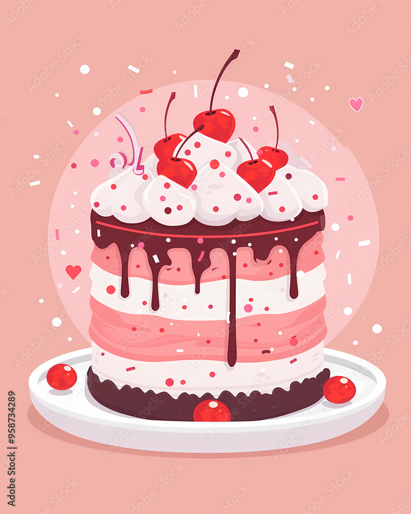 A vibrant, three-layered cake topped with whipped cream and cherries, perfect for celebrations and sweet treats.