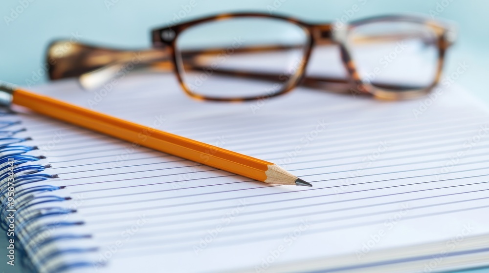 A stack of lined notebook paper sheets with a pencil and a pair of reading glasses resting on top A stack of lined notebook paper sheets with a pencil and a pair of reading glasses resting on top