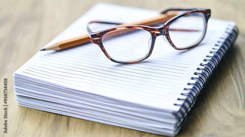 A stack of lined notebook paper sheets with a pencil and a pair of reading glasses resting on top A stack of lined notebook paper sheets with a pencil and a pair of reading glasses resting on top