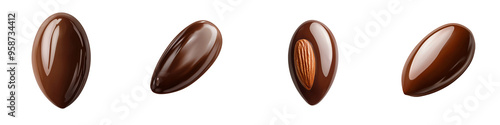 A 3D chocolate covered almond with glossy dark chocolate coating and realistic details isolated on white and transparent background