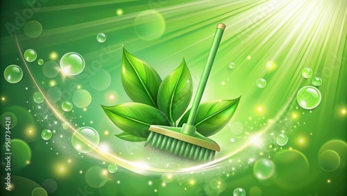 Sparkling water droplets and green leaves surround a stylized, modern broom icon, symbolizing eco-friendly cleaning photo