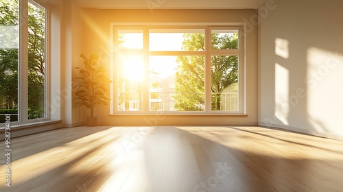 Sunlight floods an empty room through large windows, highlighting the wooden floor and potted plant in the corner. photo