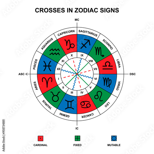 Zodiac crosses in Astrology. Cardinal, fixed, mutable crosses. Astrological scheme. Zodiac signs on zodiac wheel. Vector illustration.
