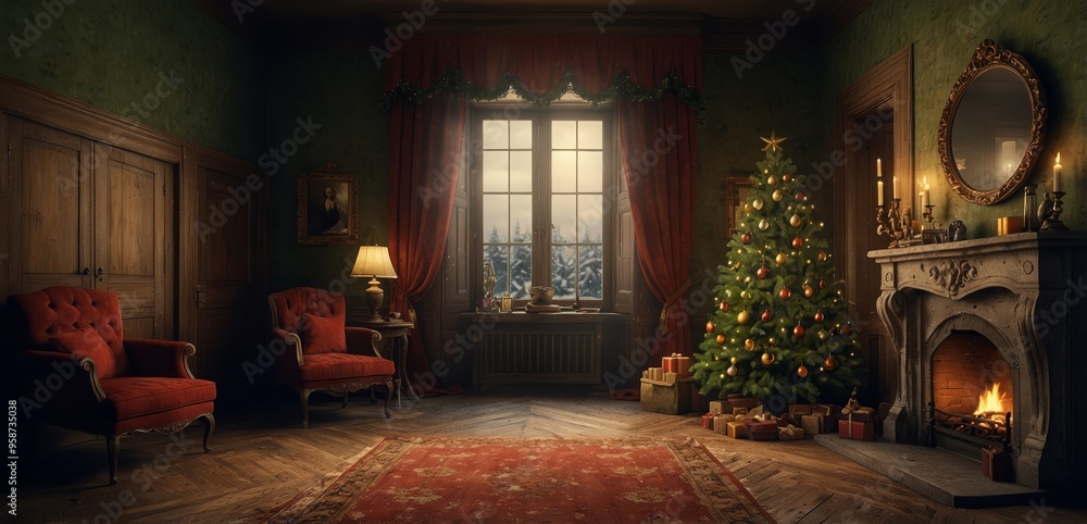 Old room with Christmas tree Old room with Christmas tree