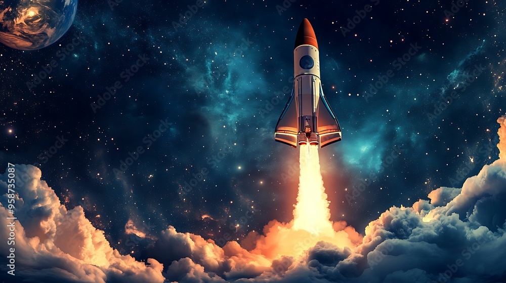 A rocket soars through the clouds into space, surrounded by stars and galaxies, symbolizing exploration, innovation, and the future. A rocket soars through the clouds into space, surrounded by stars and galaxies, symbolizing exploration, innovation, and the future.
