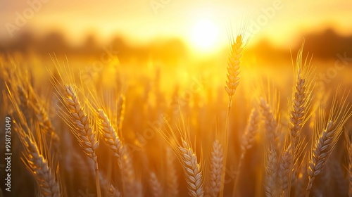 A field of golden wheat glows in the warm light of the setting sun, symbolizing harvest, abundance, and nature's beauty.