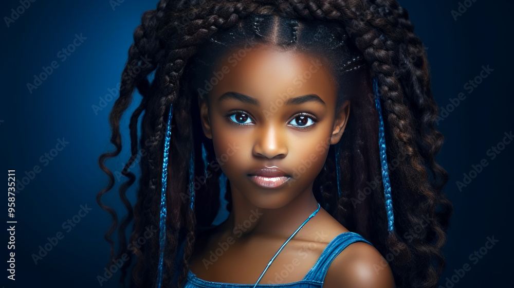 Portrait of smiling cute African American child girl with perfect skin, dark blue background, banner. Portrait of smiling cute African American child girl with perfect skin, dark blue background, banner.