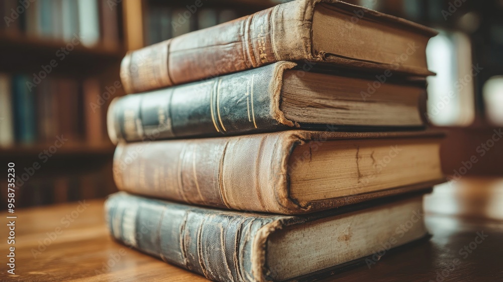 A stack of thick hardcover books with worn-out covers, representing knowledge, history, and learning. A stack of thick hardcover books with worn-out covers, representing knowledge, history, and learning.
