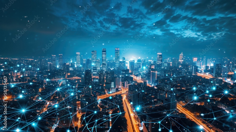 Fototapeta premium Smart city and communication network. Digital transformation, business, building, modern, urban, technology, connection, information, innovation, capita, future