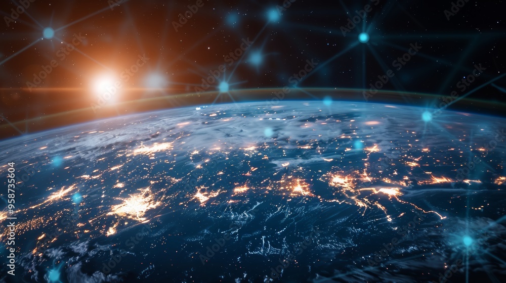 planet with a network of lines connecting it to other planets. Connections system and global datas exchanges over the globe 3D rendering elements of this image planet with a network of lines connecting it to other planets. Connections system and global datas exchanges over the globe 3D rendering elements of this image