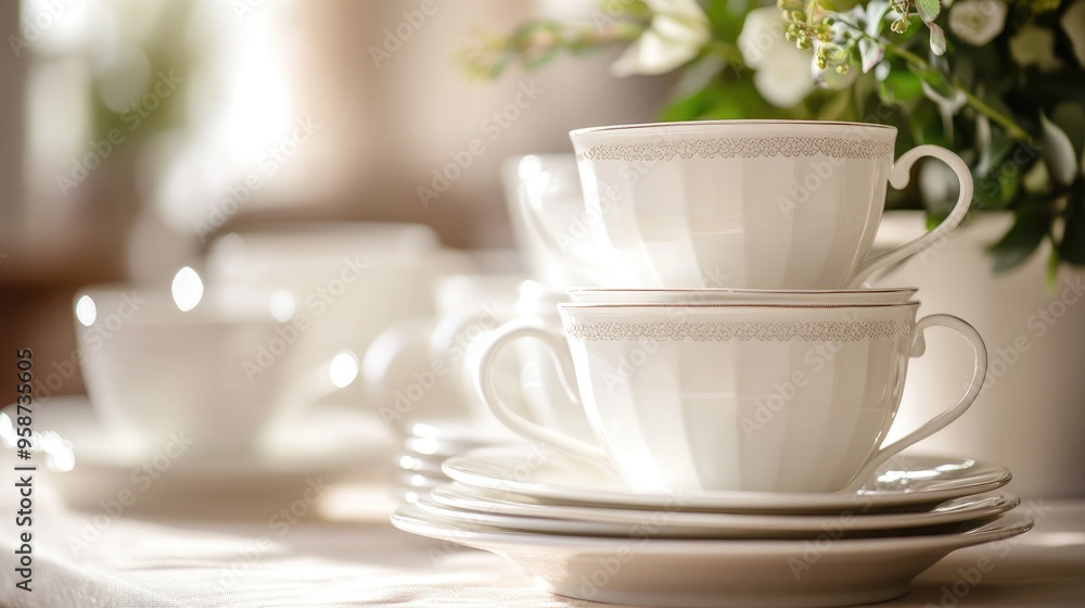 A stack of white china cups on a table, awaiting a tea party or event, suggesting elegance and hospitality A stack of white china cups on a table, awaiting a tea party or event, suggesting elegance and hospitality