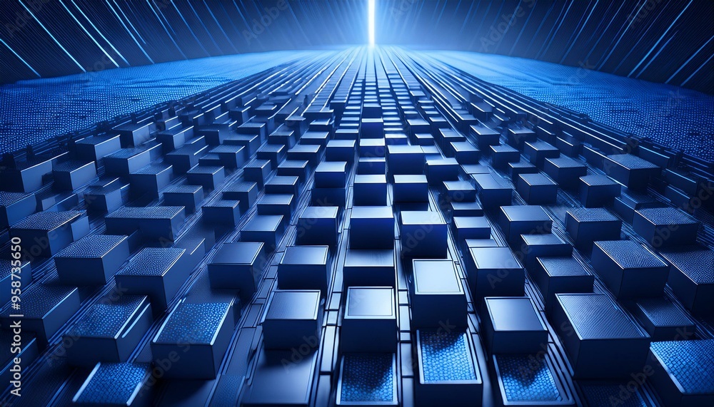 Fototapeta premium a surface consisting of many neatly arranged three-dimensional boxes, with a dark blue color and bright blue borders, creating a futuristic and dynamic impression