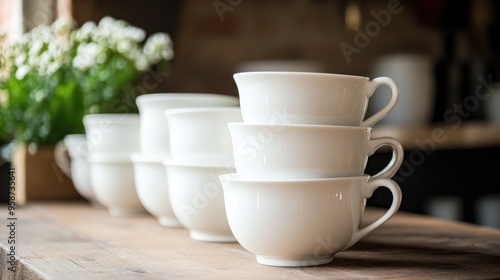 Wallpaper Mural A stack of white china cups on a table, awaiting a tea party or event, suggesting elegance and hospitality Torontodigital.ca