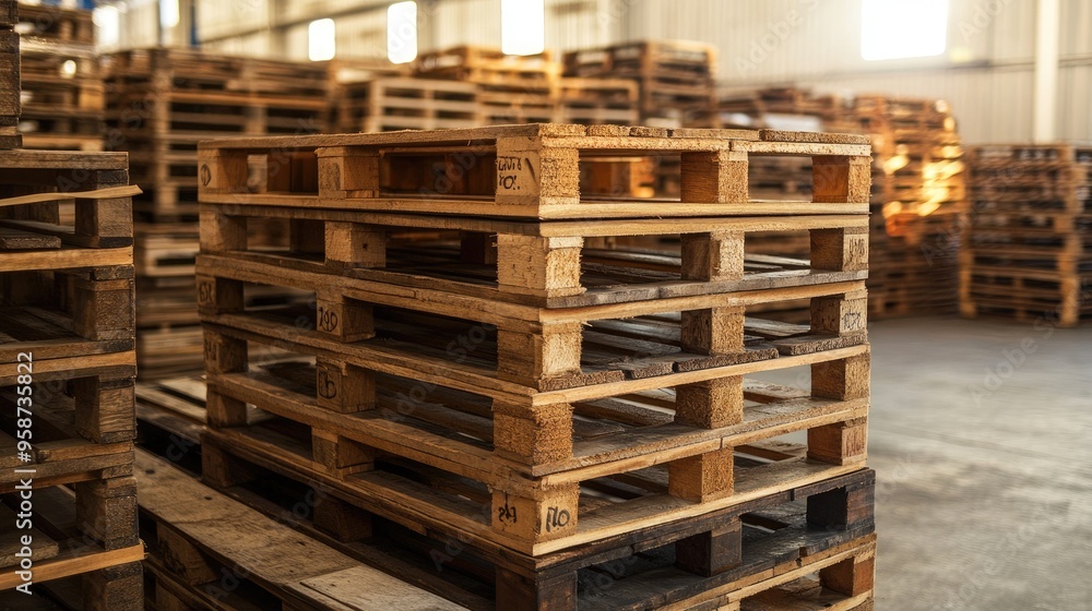 A stack of wooden pallets in an industrial warehouse, ready for transport and storage A stack of wooden pallets in an industrial warehouse, ready for transport and storage