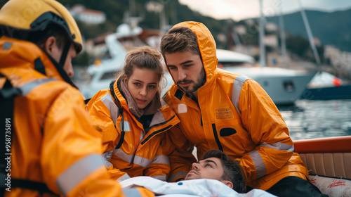 A rescue team assists an injured person on a boat in an urban harbor, providing emergency care and support. photo