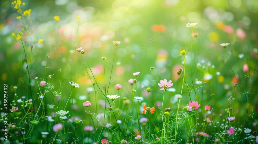 Nature background. Beautiful summer meadow background. Inspirational nature, field of flowers with a bright sun shining on them. flowers are yellow and pink. Scene is cheerful and peaceful Nature background. Beautiful summer meadow background. Inspirational nature, field of flowers with a bright sun shining on them. flowers are yellow and pink. Scene is cheerful and peaceful