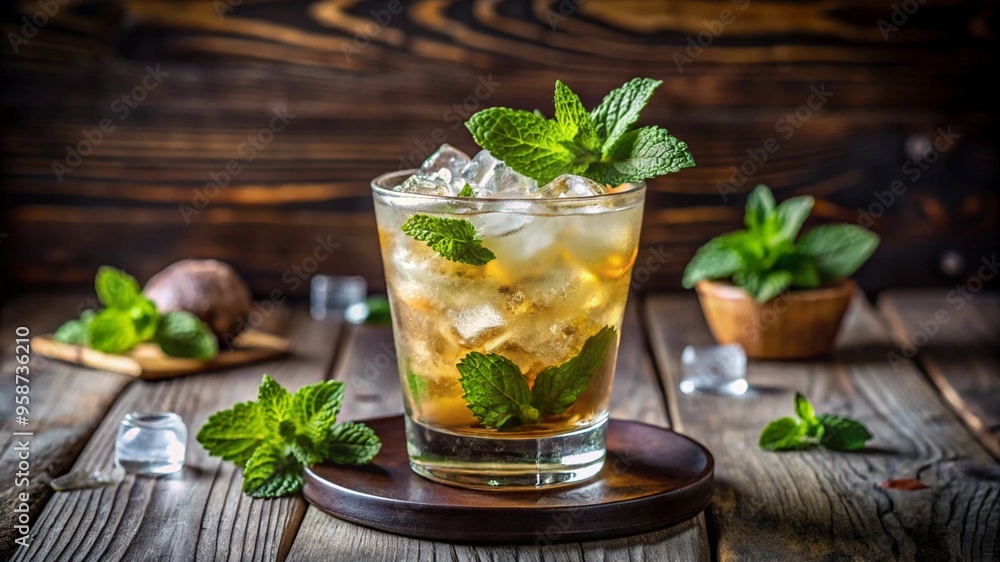 Refreshing Mint Julep Cocktail with Ice on Rustic Wooden Table. Refreshing Mint Julep Cocktail with Ice on Rustic Wooden Table.