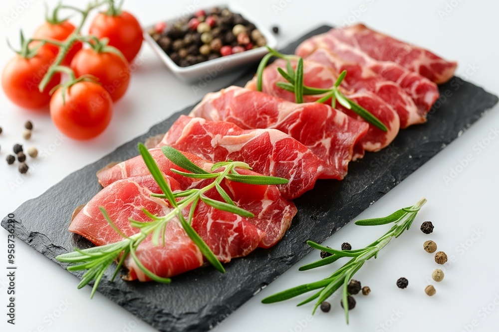 Freshly sliced raw meat with herbs and tomatoes on a slate. Ready for cooking or serving as a gourmet appetizer. Freshly sliced raw meat with herbs and tomatoes on a slate. Ready for cooking or serving as a gourmet appetizer.
