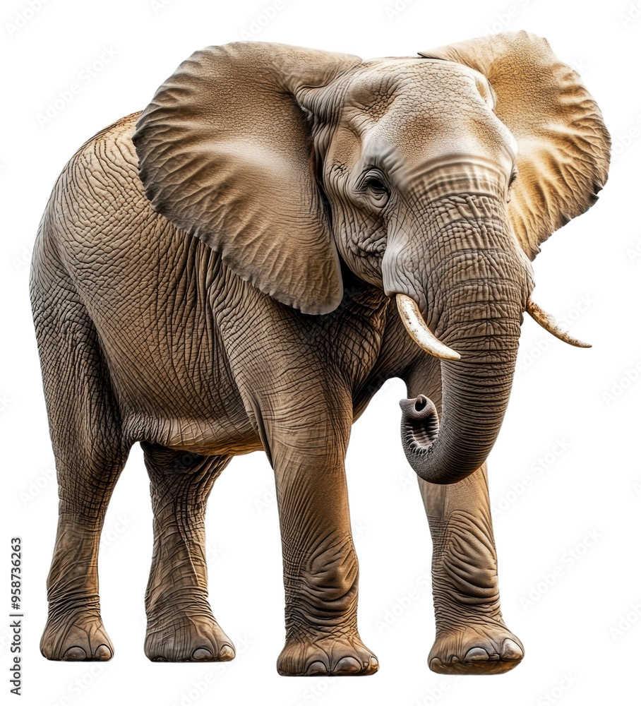 Fototapeta premium Elephant on a sunny plain, cut out - stock png.