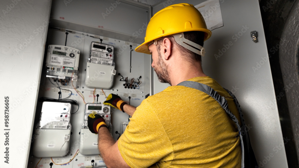 Technician working on a modern electricity power meter station in a building.