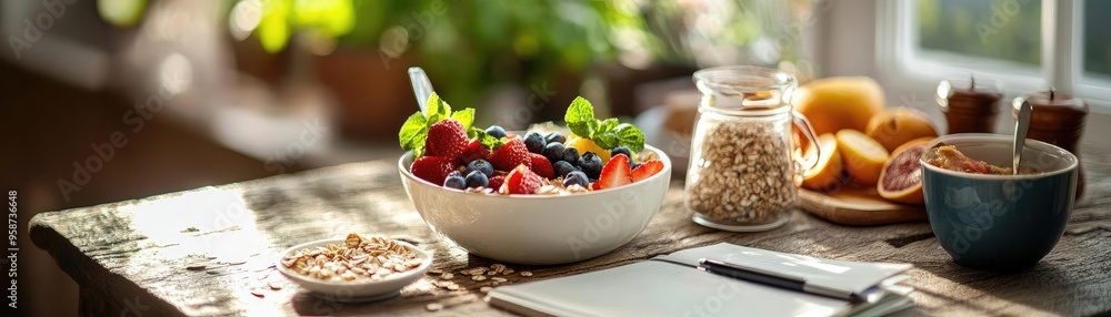 A vibrant breakfast scene featuring a bowl of fresh fruits, oats, and a sunny kitchen atmosphere filled with natural light. A vibrant breakfast scene featuring a bowl of fresh fruits, oats, and a sunny kitchen atmosphere filled with natural light.