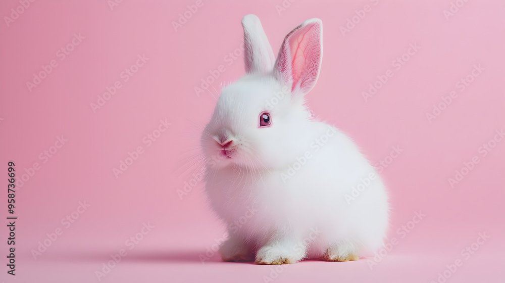 A fluffy white bunny with pink ears sitting on a pastel pink background
A fluffy white bunny with pink ears sitting on a pastel pink background